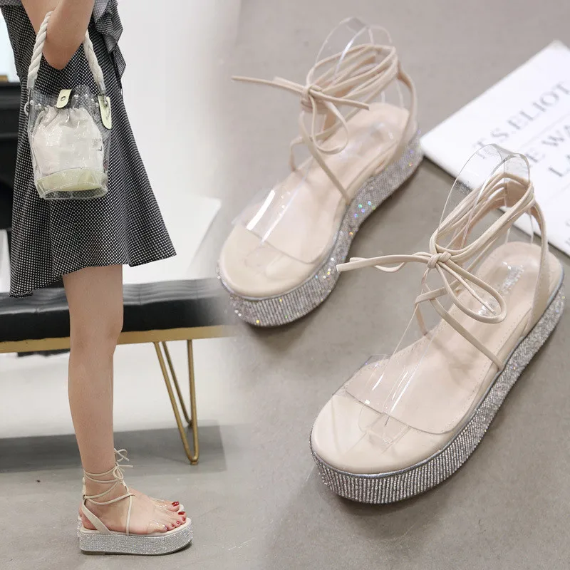 

2019 Summer High Heel Sandal For Women Cross Clogs Wedge Luxury Sandals Espadrilles Platform Cross-shoes Suit Female Beige