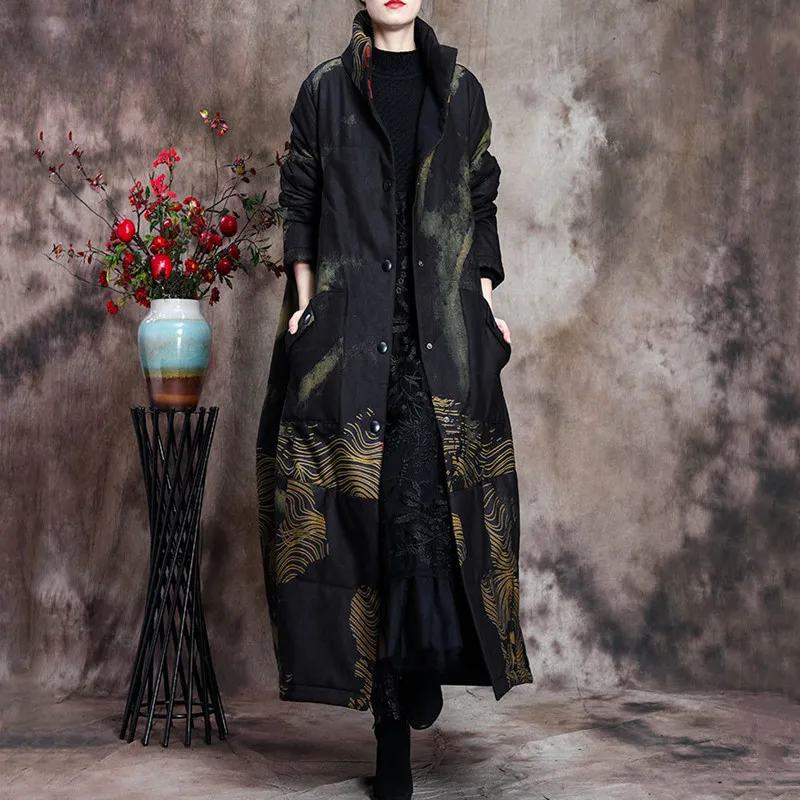 

Winter Large Size Women's Retro Stand-Up Collar Wool Printing Thicken National Wind Over the Knee Long Cotton Coat
