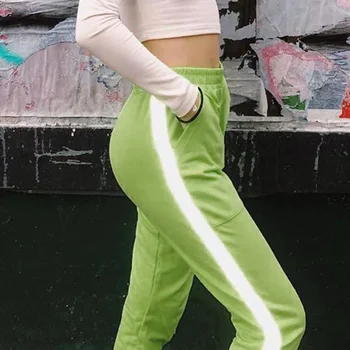 

Plus Size Women Pant New Pure Color Reflective Strip Bag Button Splicing Trousers Woman Elastic Pants for Women