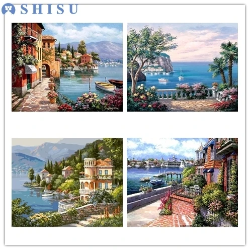 

New Kid DIY Oil Garden River Hours Landscape Arcylic Painting By Numbers on Canvas Framed Wall Pictures Art for Home Decoration