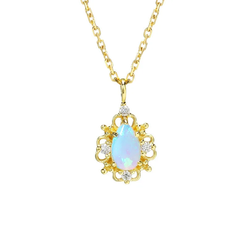 LAMOON S925 Sterling Silver Oct Birthstone Opal 14K Yellow Gold Plated Pandent Necklace Fine Jewelry for Women Mom Gift LMNI118