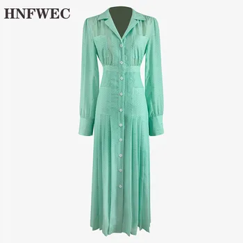 

Women Green Pattern Printed Pleated Shirt Dress New Lapel Long Sleeve Loose Fit Fashion Tide Spring Summer 2020 U235