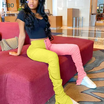 

HAOYUAN Plus Size High Waist Stacked Sweatpants Women Joggers Elastic Split Hem Leggings Bell Bottom Trouser Ruched Flare Pant