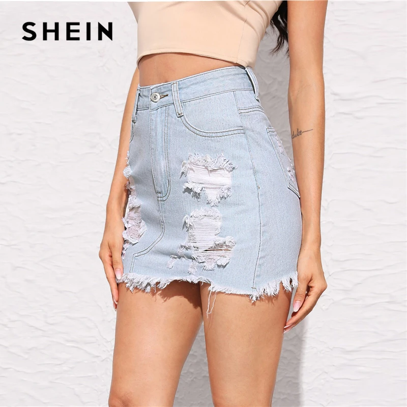 SHEIN пастельный синий Необработанный Край рваные детальные джинсовые юбки женские летние на молнии Fly Bodycon Средняя Талия Повседневная мини юбка-карандаш