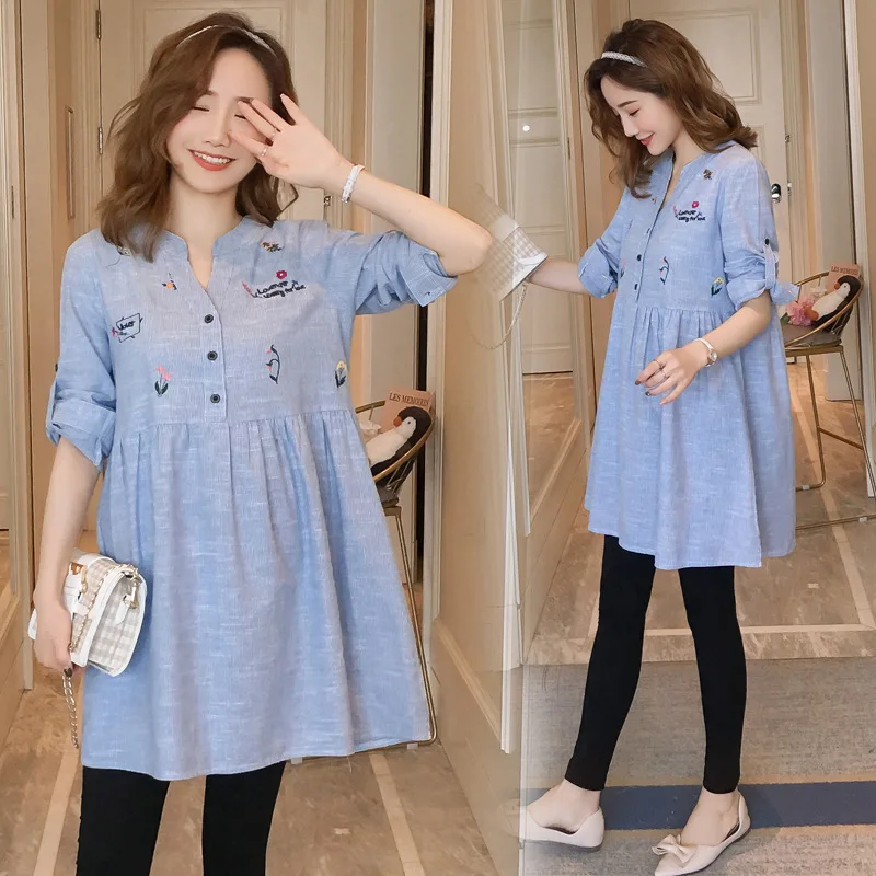 

Maternity Clothes 2019 Spring Clothing Photo Shoot Spring And Summer V-neck Dress Embroidered Shirt Joint Tops