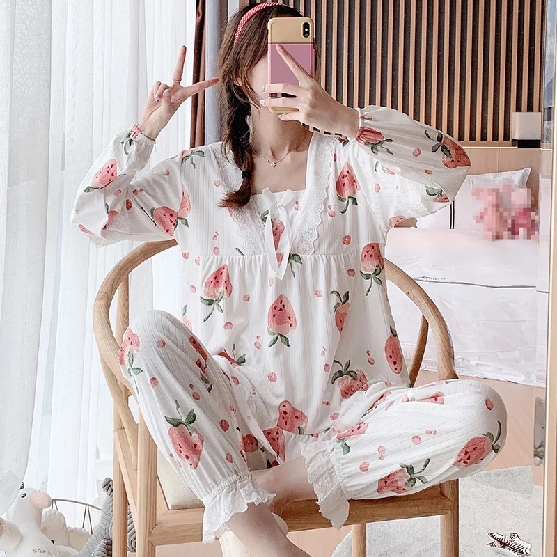 Sanderala Sexy Women Strawberry Pajama Sets V Neck Women Elegant Gown Home Pajamas Cute Bathwear Autumn Clothes Women