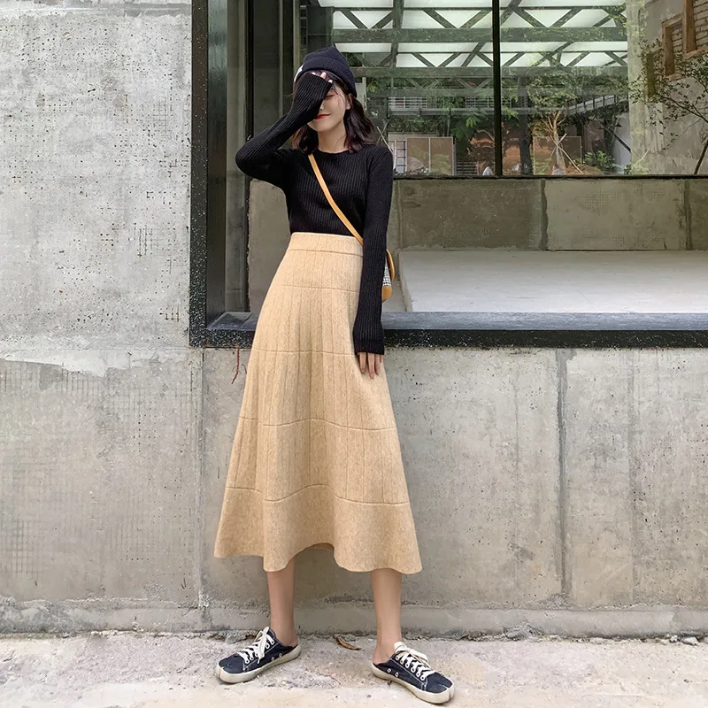 

Knitted Skirt Women's Mid-length 2019 Autumn New Style Solid Color Thread High-waisted A- line Skirt Full Skirt