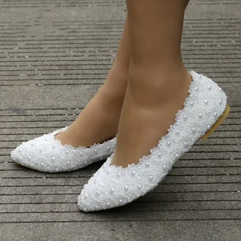 

Free Shipping Best Price White Lace Flats Wedding Bridal Shoes Handmade Shoes For Pregnant Women Bridesmaid Party Dancing Shoes