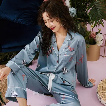 

A Generation of Fat Korean-style Viscose Pajamas Female Spring and Autumn Simple Thin Casual INS Wind Fold-down Collar Homewear