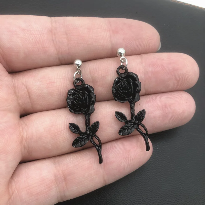 Gothic Punk Earl Flowers Black Silver Wild Rose Dangle Earrings