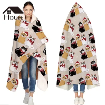 

Grey Christams Cat Portable Wearable Fluffy Custom Hooded Blanket Fleece Hooded Throw WrapBed Blanket