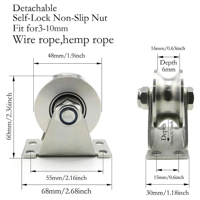 1pc U-Type Stainless Steel Pulley Block Mute Bearings Groove Sliding Roller Track Wheel stainless steel pulley block