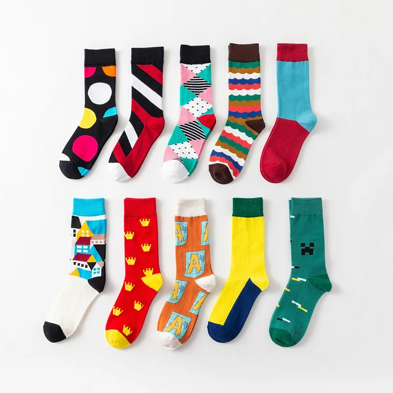 

Adult Socks Colored Crown Letter Dot Stripe Triangular Geometric Printing Stitching Individuality Sock