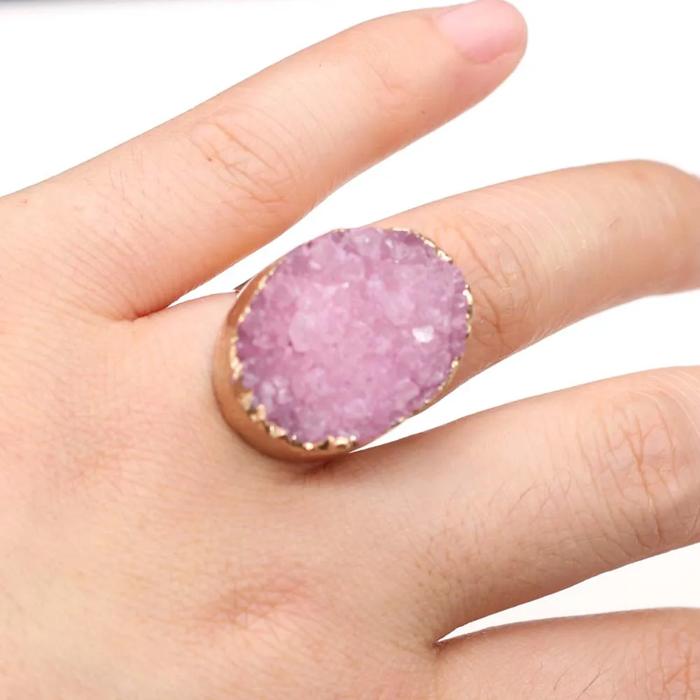 Natural Druzy Agates Rings Diamon-Studded Open Finger Rings Irregular Charm for Women Men Party Wedding Jewelry