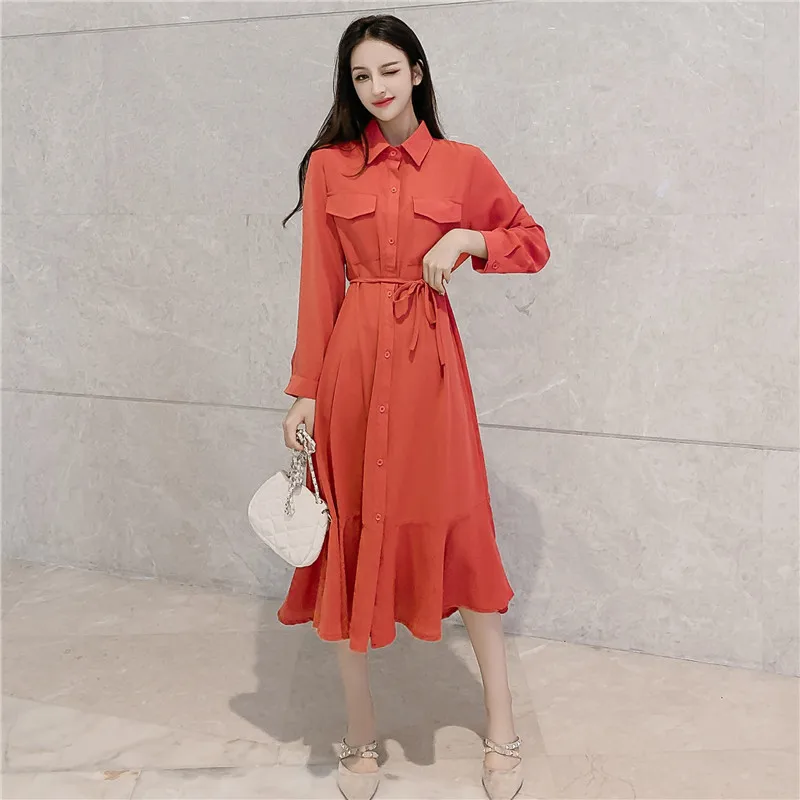 

Dress Solid-Sashes Long-Sleeve Casual Office Elegant Plus-Size Ladies Slim Elegant Calf A-Line Vintage Dress