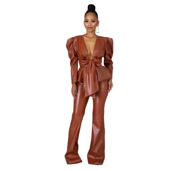 

Women Leather Two Piece Sets Sexy Deep V Neck Top and Pants Set Winter Women Long Sleeve Jacket Two Piece Outfits Matching Sets