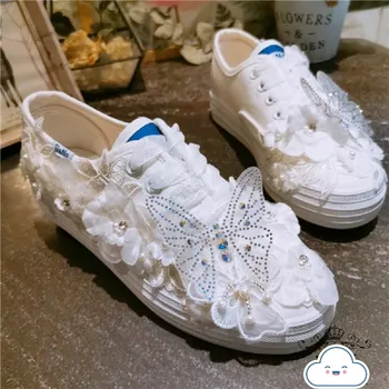 

JELLYFOND white canvas shoes for women White Canvas Pearls Glued Beautiful Designs Sport Women Shoes Vulcanized shoe