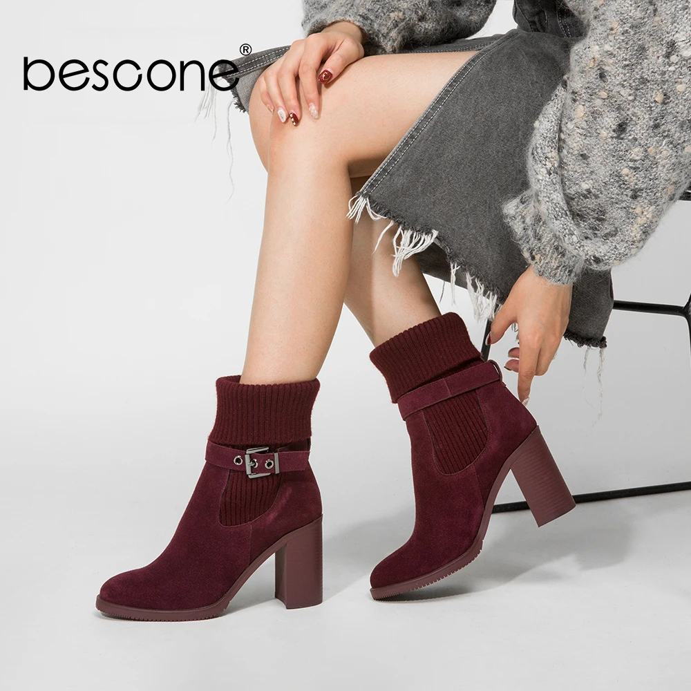 

BESCONE Fashion Ladies Ankle Boots Casual Slip-On Round Toe Square Heel Shoes Handmade 9 cm Super High Heel Women Boots BC307