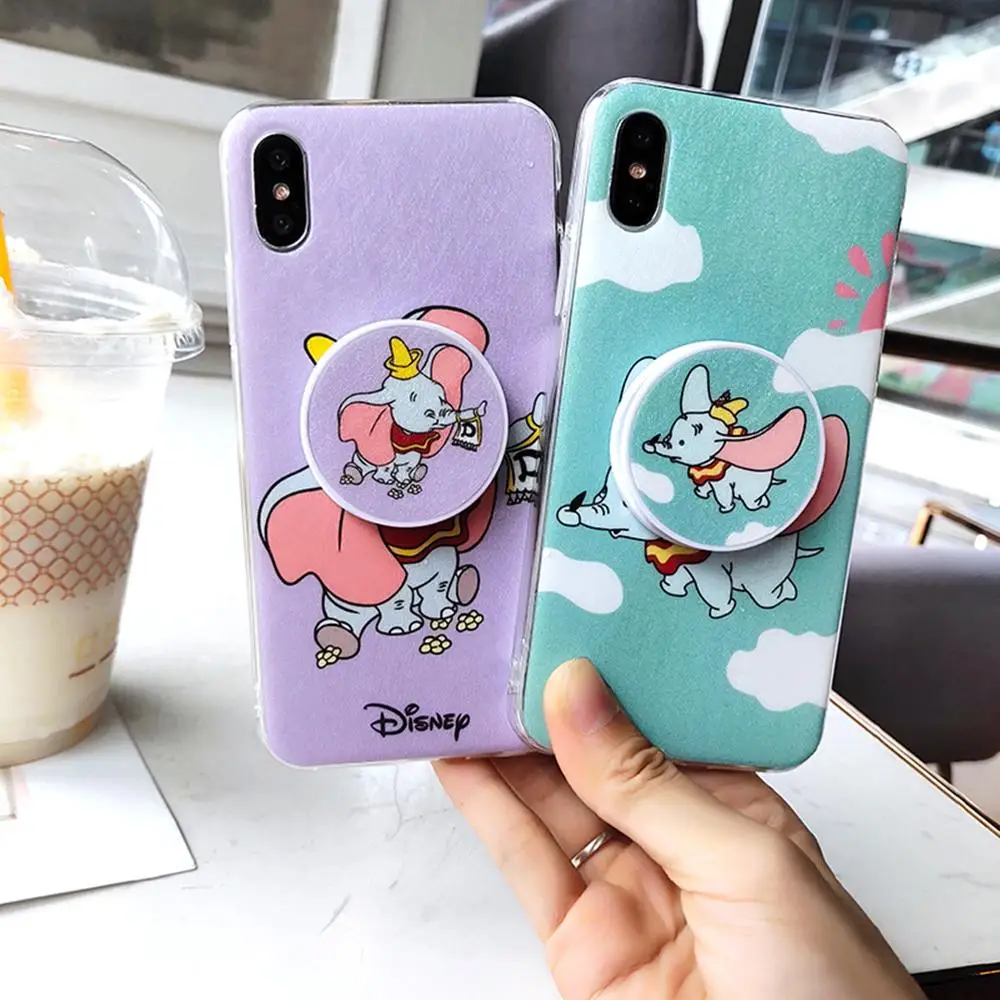 

Super cute show Dumbo 3D round handle bracket Silk pattern anti-drop silicone soft cover for iphone MAX XS XR 7 8plus phone case