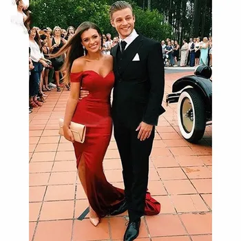 

Mermaid Off the Shoulder Evening Dresses Long Elastic Satin Zipper Short Sleeve Prom Gown Red Formal Evening Dress