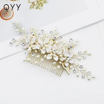 

Pearl Flower Bridal Wedding Hair Comb Clip Accessories Jewelry Rhinestone Gold Color Pins for Women Ornaments Bride Headpiece