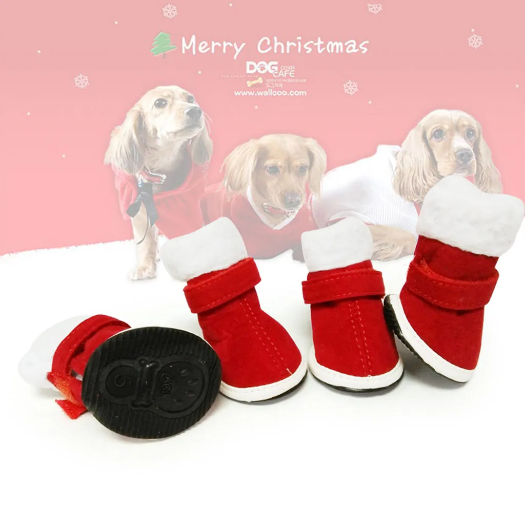 Christmas Warm Velvet Red Shoes Pet Dog Puppy Shoes New Year Gift Pet Puppy 4 / Hand 10.2