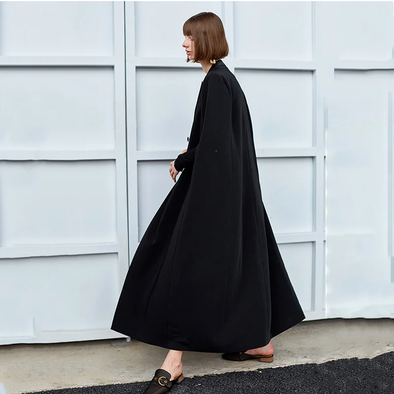 [EAM] Свободная приталенная черная длинная куртка-плащ большого размера, Новое Женское пальто с отворотом и длинным рукавом, модное осенне-зимнее пальто 1H099