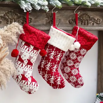 

Knitted Christmas Stocking Candy Gift Bags Holder Socks Christmas Fireplace Tree Hanging Ornaments Elk Snowflake Printed Socks