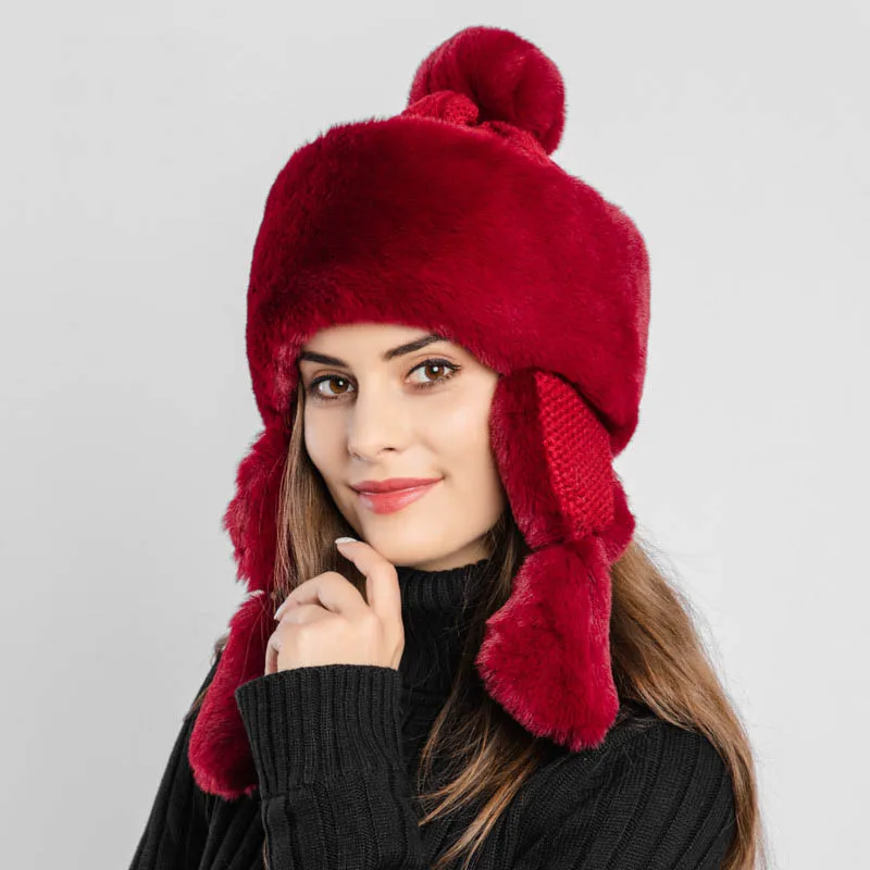 Fibonacci New Women's Bomber Hat Knit Plush Faux Fur Hats Winter Windproof Warm Ear Protect Bomber Russian Ushanka Cap - Цвет: Dark red