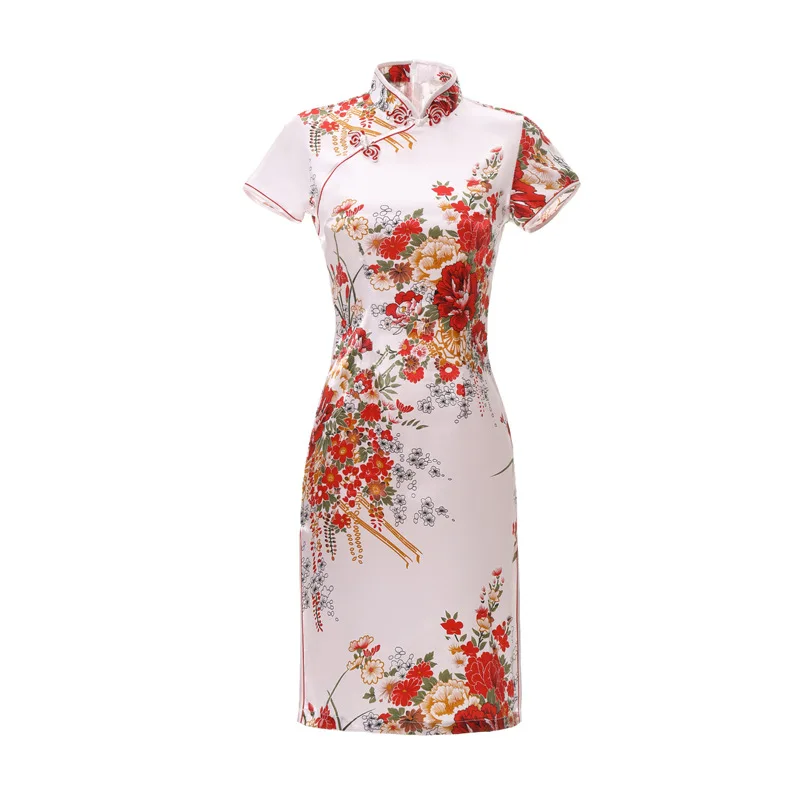 Short Style Satin Silk Chinese Traditional Dress for Women Tight Bodycon Female Cheongsam Qipao Oriental Kimono Bath Robe Gown