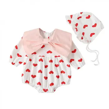 

Baby Bodysuits Heart Print Jumpsuits Summer Sweet Girls Bow Bodysuits With Hat Toddler Infant Baby Girl Clothes