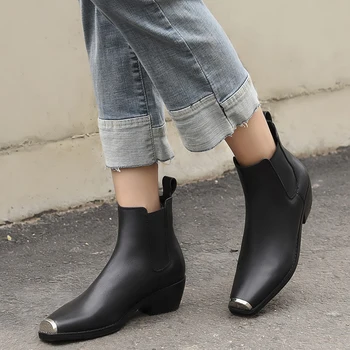 

Fashion Genuine Leather Women Ankle Boots 4cm thick Heeled Warm Chelsea Boots Autumn Winter Casual Office Shoes Woman