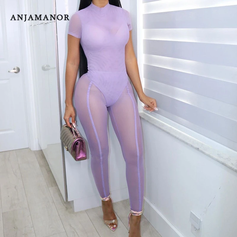 women's shorts and blazer suit set ANJAMANOR Sexy Sheer Mesh Two Piece Pants Set for Ladies Club Outfits Leggings Bodysuits Womens Matching Sets Jumpsuit D85-BH14 plus size pants suits evening wear