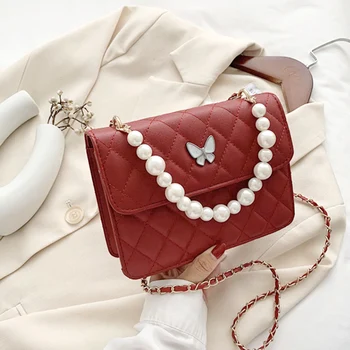

Retro Lattice Pattern Crossbody Bag For Women 2020 New Design Butterfly Pearl Handle Square Bags Female PU Leather Shoulder Bags