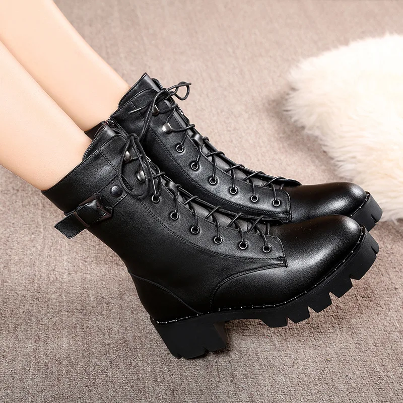 

Martin Boots Women's British-Style 2019 New Style Winter Combat Boots Chunky Heel Middle Boots Thick Bottomed Short Boots Genuin