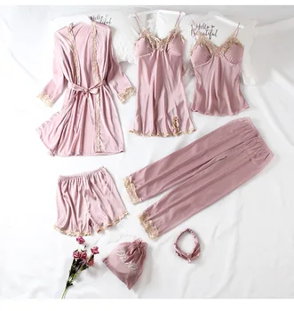 

Herislim 2020 Spring Summer Fashion Women's 7 Pcs Pajamas Sets Silk Embroidered Pajamas Women Sexy Lace Sleepwear Sets Homewear