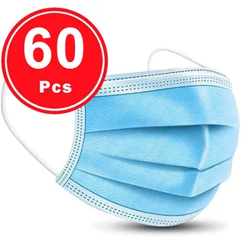 

PM2.5 Breathable 60PC Disposable Face Mask Industrial 3Ply Ear Loop Unisex Washable Reuse Face Mask Windproof Outdoor Mask