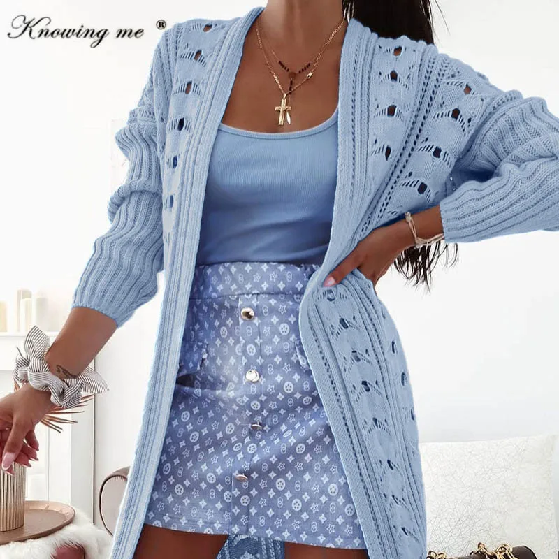 Hollow out Knit Sweater Cardigan 2021 Women Autumn Solid Color Long Sleeve Sweater Jacket Coat Female open stitch blue Sweater