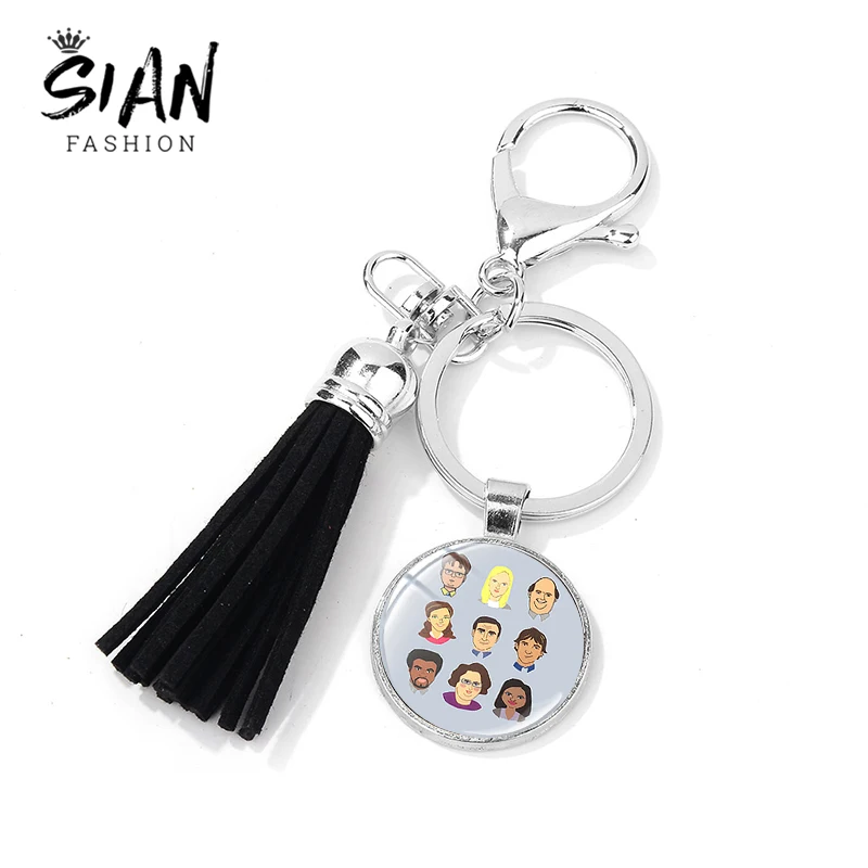 SIAN Cartoon Design The Office Figure Keychain Glass Time Gem Black Leather Tassel Key Rings Trendy TV Show Theme Charm Trinkets | Украшения