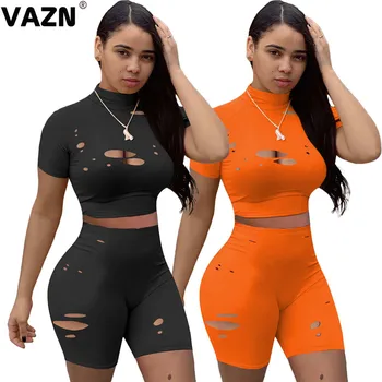 

BJYL Hollow Out Women 2 Piece Set Sexy Open Young Solid Tracksuit 2020 New Special Short Sleeves Top+ Knee Length Pants Outfits
