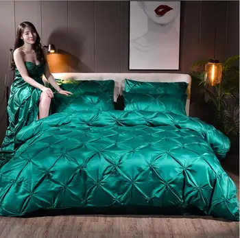 

Green Imitated Silk Cotton Bedding Set King Queen 4/6pcs Handwork Pinch Pleat Bed Set Silky Duvet cover Bed sheet Pillowcases