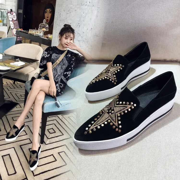 

Shoes Spring Summer Core Sheep Split Leather Platform Shoes Five-Star Rivet Embroidered Pigskin WOMEN'S Shoes Thick Bottomed Pla