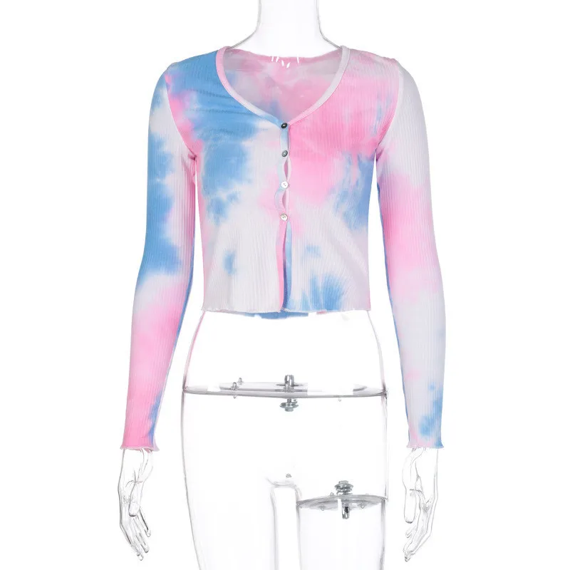 Harajuku Style Women's Tie-dye Cardigan Long-sleeved V-neck Short T-shirt Button Placket Sexy Crop Top Party Wear Street Wear
