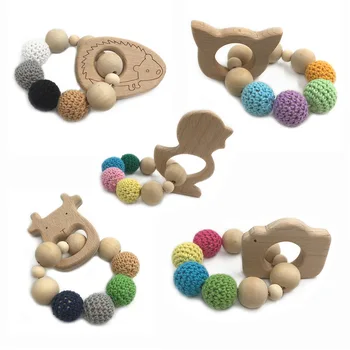 

Crochet Baby Bead Teething Ring Set Untreated Beech Wooden Teether Organic Animal Toy Bracelet Bangle
