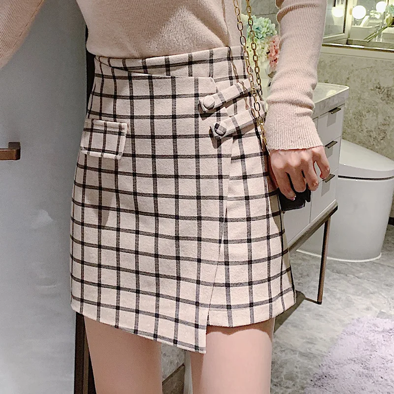 

2019 Autumn And Winter New Style Korean-style High-waisted Slimming Sweet Versatile Woolen Plaid Skirt