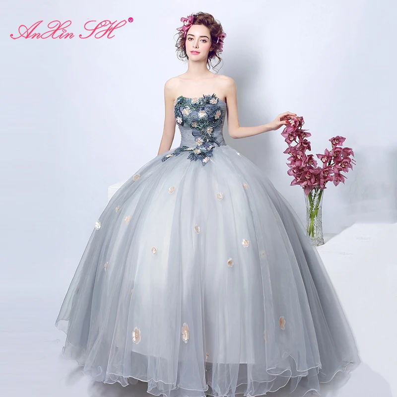 AnXin SH princess grey Bra bride lace rose flowers dinner stage long paragraph beading crystal evening dress 3206 | Свадьбы и