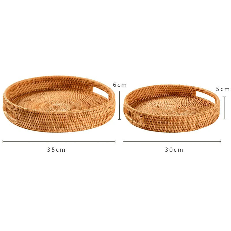 Practical Rattan Handwoven Round High Wall Severing Tray Food Storage Platters Plate over Handles for Breakfast Drinks Snack