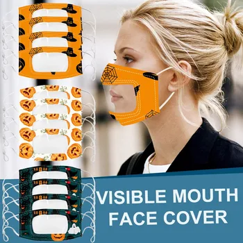 

4PC Halloween Print Face Mask With Clear Vinyl Mouth Expression Lip Reading Mask Cloth Mouth Caps Washable masques