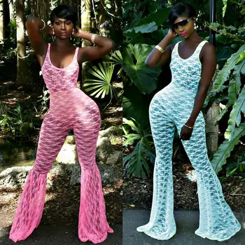 

2019 Women's Long-sleeved Lace Stitching Low-cut O-neck Hollow Women's Jumpsuit