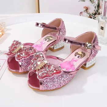 

New Girls High-Heeled Sandals Summer Children Princess Shoes with Bow Little Girl Crystal Shoes Kids Performance Party Sandals